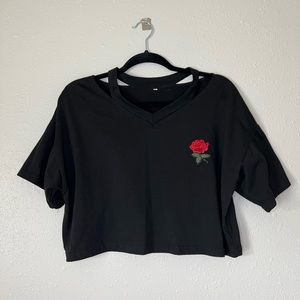 BLACK CROP TOP WITH EMBROIDERED ROSE UNWORN